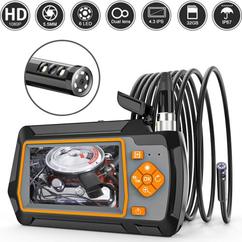 1080P 5.5mm Dual Lens Endoscope Camera with 4.3 "IPS LCD 2.0MP HD Inspection Camera with 6 LED 32GB TF for Car Sewer Inspection