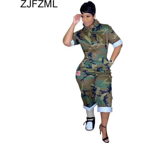 Camouflage Patchwork Romper Women Jumpsuit High Waist Half Sleeve Bodycon Playsuit Summer Military Stand Collar Slim Fit Catsuit