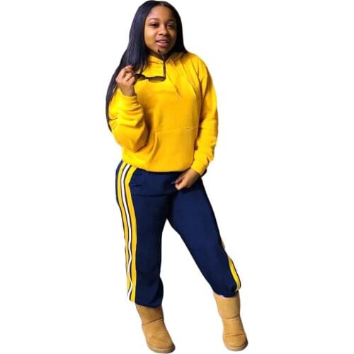 Two Piece Set For Women Autumn Winter Fashion Striped Patchwork Casual Sports Suit Long Sleeve Hoodies Jogger Pant Outfits