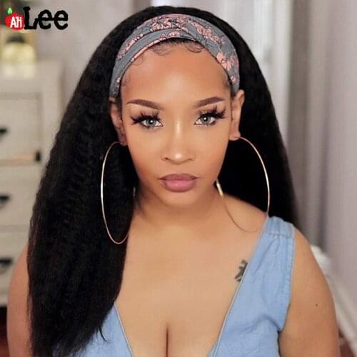 Kinky Straight Headband Wig Human Hair Remy Peruvian Hair Kinky Straight Wig With Headband Attached Machine Made 180 Density
