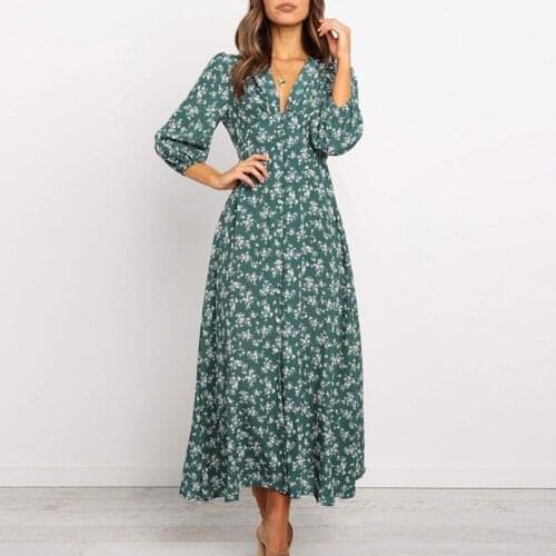 Fashion New Women Summer Bohemian Print Flower Long Loose Dress 3/4 Sleeve Holiday Party Beach Beauty Dress