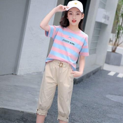 Fashion 2021 Girls Clothes Sets Summer Short Sleeve Tops Striped t-shirt + Pants 2PCS Casual Children Clothing Set Kids Outfit