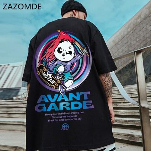 ZAZOMDE Oversized Panda Print Loose Short Sleeve Summer 2021 Mens Hip Hop Top Pure Cotton T-Shirt Ins Couple Clothing M-5XL