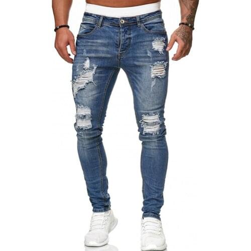 Men Stylish Ripped Hole Slim Jeans Casual Denim Pants Pockets Button Skinny Long Trousers High Quality Jeans Outwears джинсы