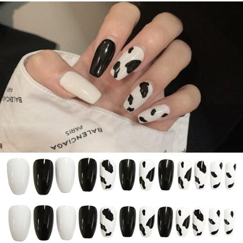 Frosted Matte False Nail Black White Milk Cow Print Full Cover Fake Nails Press on Nail Decoration With Glue DIY Nail Art NEW