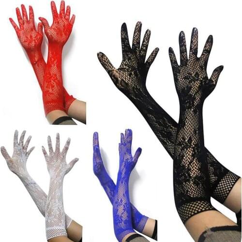 New Elegant Women Solid Color Long Gloves Summer Transparent Lace Ultra-Thin Sunscreen Female Anti-UV Elasticity Mesh Gloves