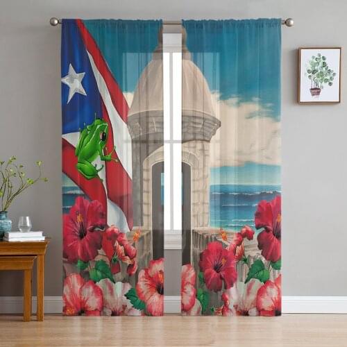 Youth Bedroom Sheer Curtains Puerto Rico Flag Hibiscus Flower Kitchen Study Curtains Living Room Holiday Decor Tulle Curtains