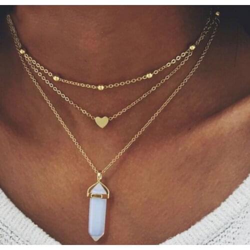 Hexagon Diamond Natural Stone Peach Heart Copper Bead Chain Multilayer Necklace Choker Chain Women Charm Pendant Accessories