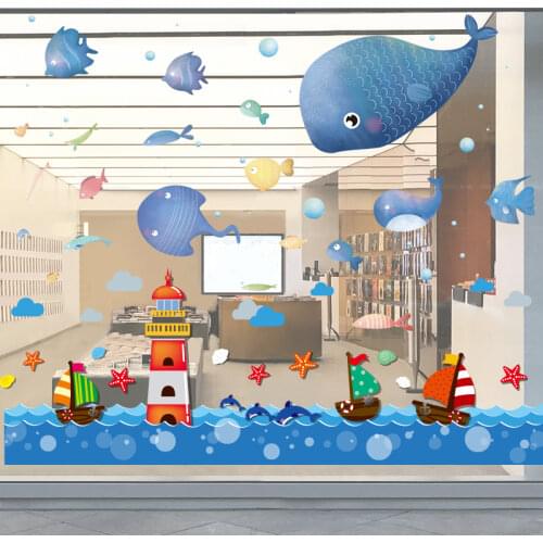 [SHIJUEHEZI] Ocean Fish Wall Stickers DIY Lighthouse Boats Wall Decals for Kids Rooms Baby Bedroom Bathroom Home Decoration