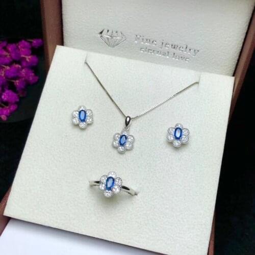 Special offer Natural sapphire set, 925 silver, Australian sapphire, beautiful color. Ring necklace stud earrings