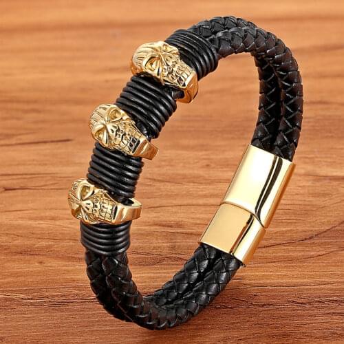 TYO High Quality Punk Double Layered Braided Genuine Leather Bracelets with 3Pcs Skull Head Charms Stainless Steel Gold
