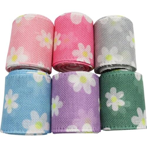Printing Spring Flower Wire Edged Jute Burlap Fabric Ribbon For DIY Crafts Wreath Decorating