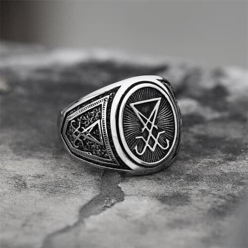Vintage Mens Sigil of Lucifer Signet Ring Retro Devil Seal of Satan Stainless Steel Skull Rings Gothic Occult Baphomet Jewelry