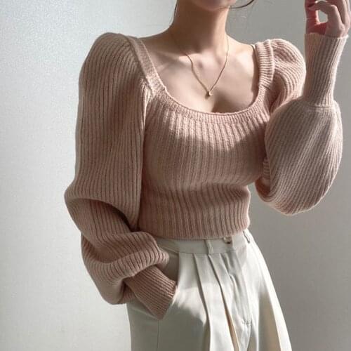 Knitted Warm Solid Top Womens Long-sleeved Loose Sweater Women Retro Temperament Square Neck Puff Sleeve Womens Sweater 16141