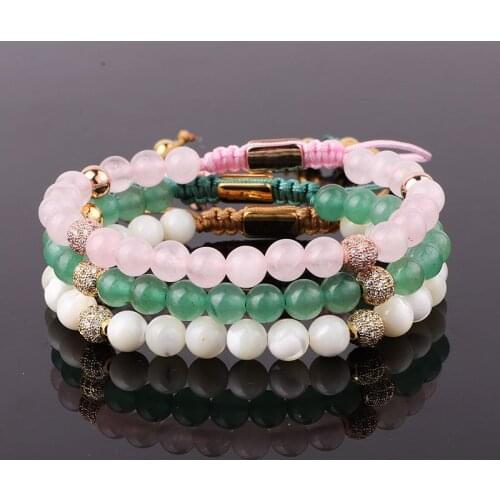 High Quality 6mm Natural Stone Rose Quartz Aventurine Shell Pearl Beads CZ Pave Ball Macrame Bracelet Women Girl