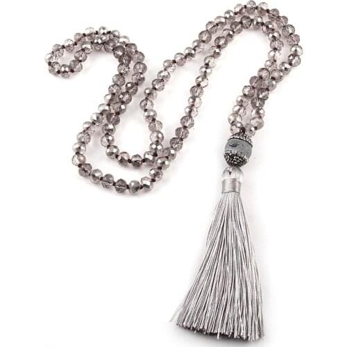 Fashion Bohemian Tribal Jewelry Crystal Glass Knotted Handmake Grey Open druzy Long Tassel Necklaces For Women