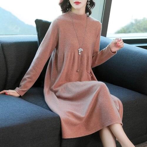 Elegant Women Half High Collar Sweater Dress 2021 Winter Warm Long Sleeve Female Knitted Dress A-line Vestidos Femme X324