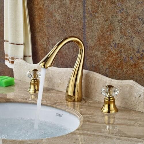 Double Handle Golden Basin Faucet Deck Mounted Widespread Bathroom Tub Sink Mixer Taps 3 Holes Hot Cold Faucet