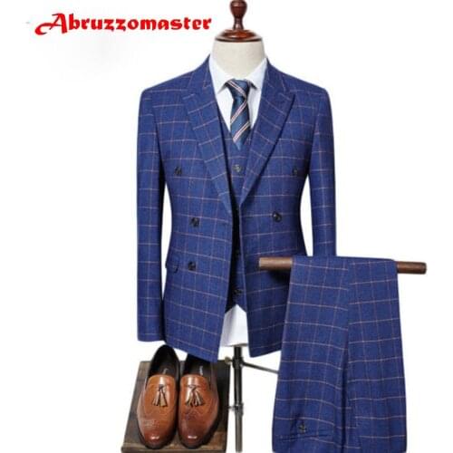 Abruzzomaster Classic Mens Suits Blue Double Breasted Suit Check Blazer Tuxedos Tweed Slim Fit Suit (Jacket+pants+vest)