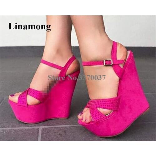 Summer Women Sexy Open Toe Suede Leather High Platform Wedge Sandals Crystal Rose Pink Height Increased Wedge Sandals Dress Heel