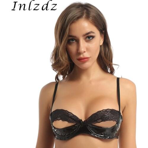 Lingerie Open Cup Bra for Womens Erotic Bra Sex Costume Lace Splice Patent Leather Underwired Unlined Bra Top Sexy Underwear