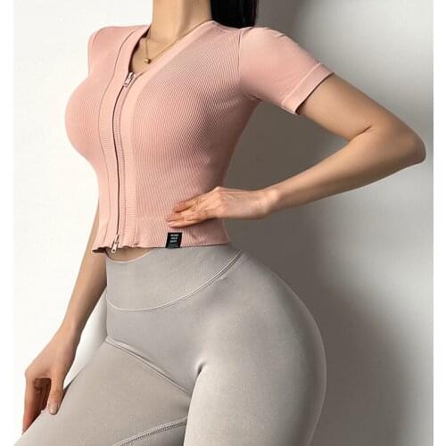 WOMENGAGA Female Zipper Thread Short Sleeve Quick Drying Tshirt Running Slim Tees Girl Close Fitting Navel Sports Workout Top 9P