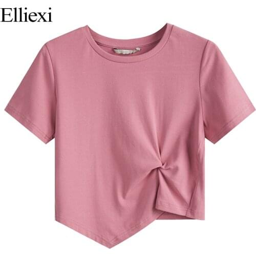 Elliexi Women Summer Short t shirt Pleat Office lady Solid Candy color Tees Cotton Women O Neck Irregular Casual Girl T-Shirts