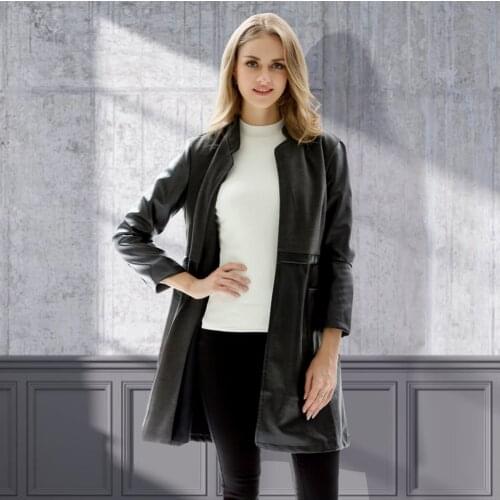 2021 autumn and winter new plus size womens black European and American long stand collar slim leather womens stitching jacket