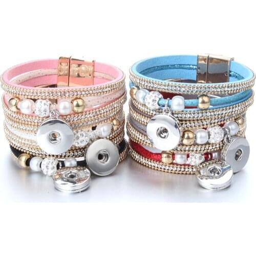 Fashion Snap Jewelry Vintage Beaded Leather Snap Button Watches Bracelet 18mm Magnet Leather Snap Bracelets For Women Men ZE570