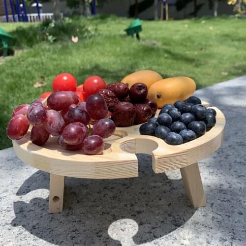 Portable Wooden Folding Dining Table Round Desktop Small Desk Outdoor Picnic Wine Table Holder Travel Beach Garden Furniture New