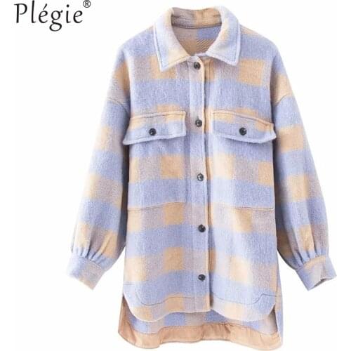 Stylish Sweet Plaid Woolen Shirt Jackets Women Fashion Pockets Turn-down Collar Check Jacket Cute Girls Chic Coat Streetwear