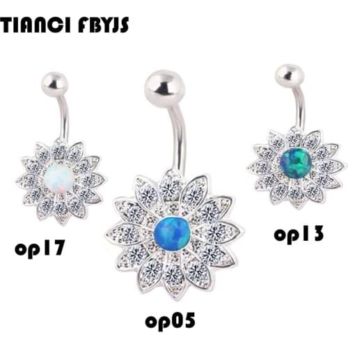 Tianci FBYJS 14G Clear Jeweled Opal Flower Navel Belly Button Ring Curved Barbell Piercing Silver Gold Navel Barbell Jewelry