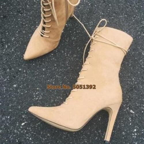 High heel suede mid-calf boots pointed toe stiletto heel cross tied lace up mature sexy banquet shoes big size