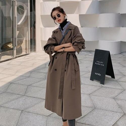 Spring Autumn Trench Coat for Women Vintage Elegant Loose Double Breasted Casual Long Bandage Windbreaker Jacket Female 2025