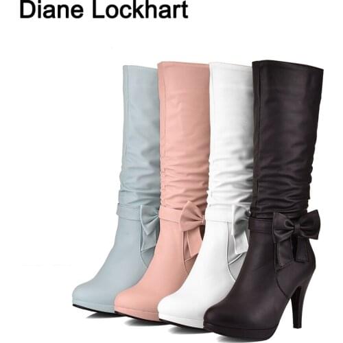 Women platform Boots Spike Heels Round Toe Knee Boots Woman Shoes Female Boots Black White Pink Blue femmes chaussures 32 41 42