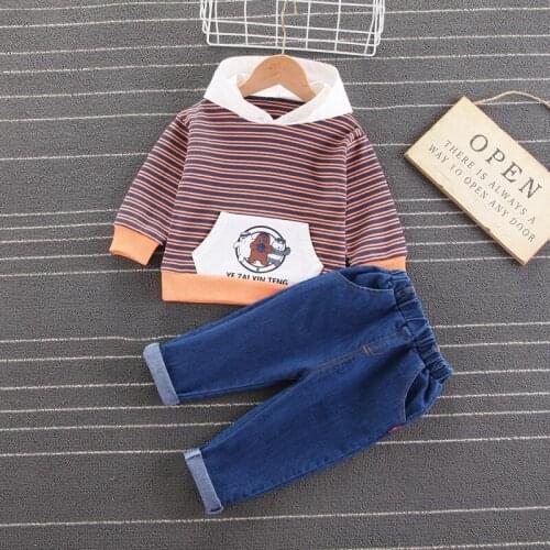 0-5 Years Spring Autumn Baby Boy Clothes Sets 2021 New Casual Fashion Striped Cartoon Hoodie+Denim Pants Toddler Boy Clothing