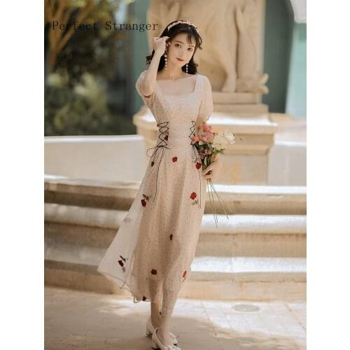 2021 Summer New Arrival Vintage Square Collar Puff Sleeve Women Chiffon Long Dress High Quality