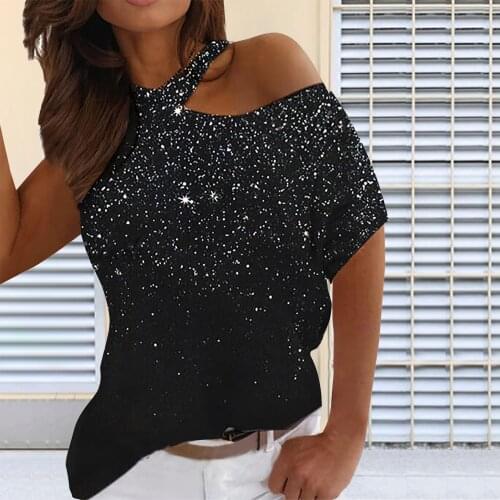 40# Sexy Sequin T-shirt Women Off Shoulders O-neck Short-sleeved Elegant Summer Tshirts Lady Street Casual Tshirts Рубашки