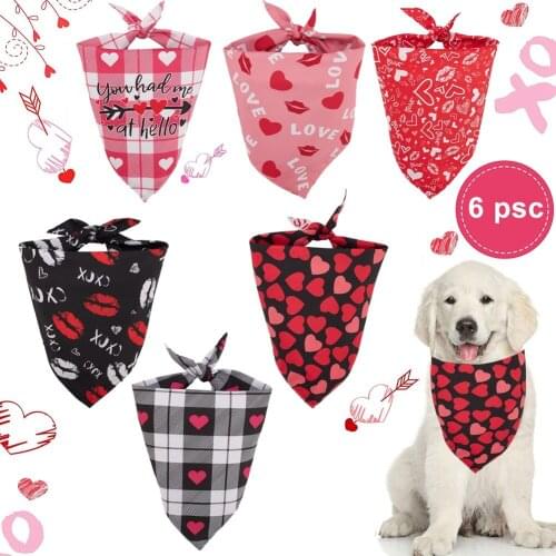6PCS Dog Love Triangular Bandana Reversible Bandana Tie on Bandana Dog Bib Scarf Pet Animal Accessory for Valentines Day