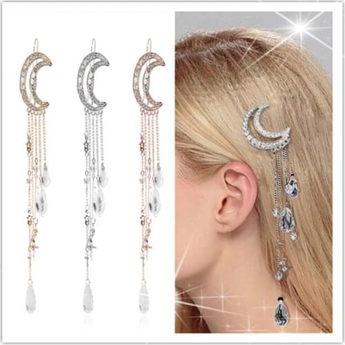 Explosive Model Moon Diamond Fringed Crystal Hairpin Women Fashion Long Alloy Full Diamond Hairpin Side Clip Hair Accessories