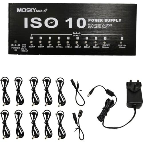 MOSKY ISO-10 Guitar Effect Pedal Power Supply 10 Isolated DC Outputs & One 5V USB Output for 9V 12V 18V Guitar Effects Accessory