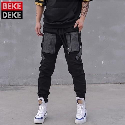 Black Hip Hop Mens Korean Style Fashion Autumn Spliced Loose Cargo Pants Slim Sports Fashion High Street Male Casual Pants