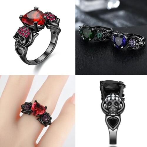 Skull Heart-shape Multicolor Crystal rings Punk style Women Wedding Black Ring Jewelry Dropshipping