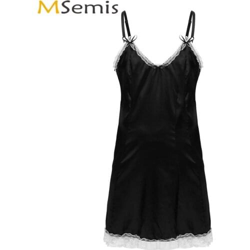 Men Adults Baby Satin Slip Dress Sexy Spaghetti Straps Low Back Sissy Chemises Nightwear Gay Crossdresser Lace Babydolls Pajamas