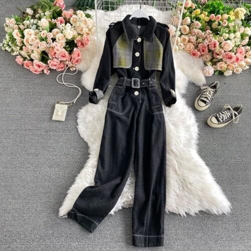 Autumn New Women Fashion High Waist Denim Rompers Long Sleeve Patchwork Button Jeans Jumpsuit Loose Pocket Playsuit
