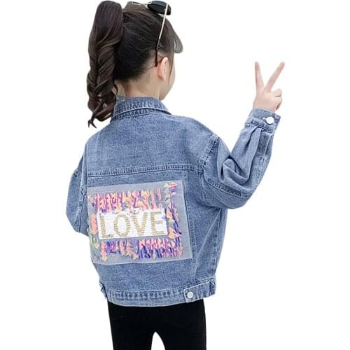 Girls Denim Jeans Sequin Coat For Girls Letter Kids Coat Spring Autumn Clothes For Girls 6 8 10 12 14