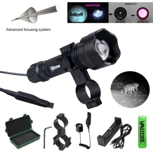 IR 850nm 7w Flashlight Night Vision Infrared Zoomable LED Hunting IR Torch/Pressure Switch Mounts 18650 battery charger+box