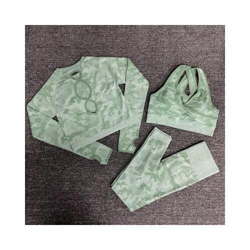 Camouflage Yoga Leggings+Sport Bra+Long Sleeve Crop Top Sports Suit Seamless Yoga Set Women Elastic Fitness Clothing Sportswear