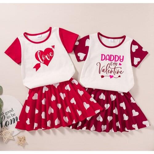 Girl’s Skirt Two Piece Suit Fresh Arrow/Letter Printed Round Neck Short Sleeve Tops and Heart Short Skirt