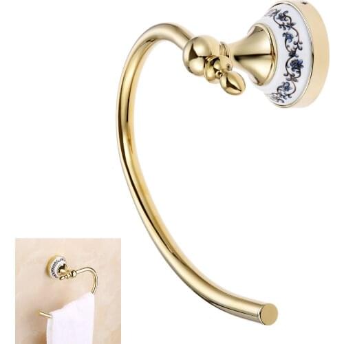Towel Ring Hook Hand Holder Wall Mounted Rack Golden Blue&White Porcelain Stainless Steel Old European Palace Style Decor Home
